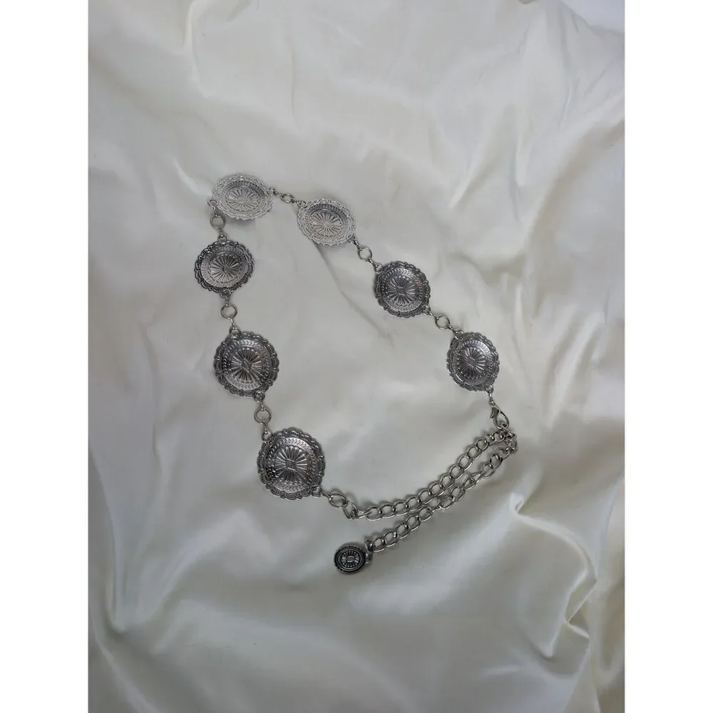 Y2K Boho Layered Silver Turquoise Medallion Detail Chain Belt OS Fits Most